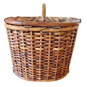 Antique Wooden Handle Basket Hinged Lift Up Lid All Wood Original Finish